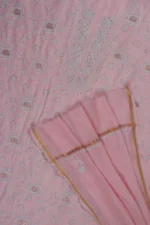 Srajann Hand Embroided Pink Mul Chanderi Lucknowi Chikankari Unstitched Kurta Dupatta Set