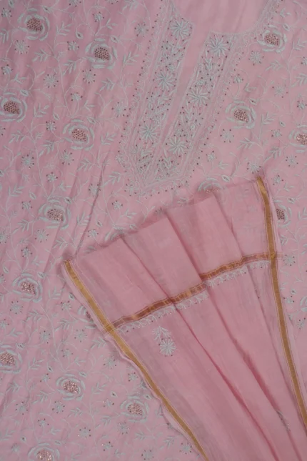 Srajann Hand Embroided Pink Mul Chanderi Lucknowi Chikankari Unstitched Kurta Dupatta Set