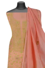 Srajann Hand Embroided Peach Mul Chanderi Lucknowi Chikankari Unstitched Kurta Dupatta Set (SLC1362) - Image 3