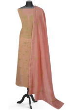 Srajann Hand Embroided Peach Mul Chanderi Lucknowi Chikankari Unstitched Kurta Dupatta Set (SLC1362) - Image 2