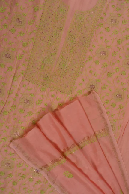 Srajann Hand Embroided Peach Mul Chanderi Lucknowi Chikankari Unstitched Kurta Dupatta Set