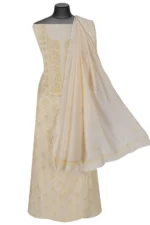 Srajann Hand Embroided Cream Mul Chanderi Lucknowi Chikankari Unstitched Kurta Dupatta Set (SLC1363) - Image 4