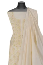 Srajann Hand Embroided Cream Mul Chanderi Lucknowi Chikankari Unstitched Kurta Dupatta Set (SLC1363) - Image 3