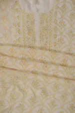Srajann Hand Embroided Cream Mul Chanderi Lucknowi Chikankari Unstitched Kurta Dupatta Set