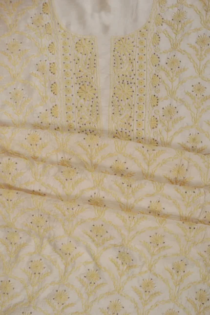 Srajann Hand Embroided Cream Mul Chanderi Lucknowi Chikankari Unstitched Kurta Dupatta Set