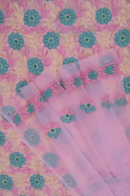 Srajann Hand Embroided Pink Faux Georgette Lucknowi Chikankari Unstitched Kurta Dupatta Set