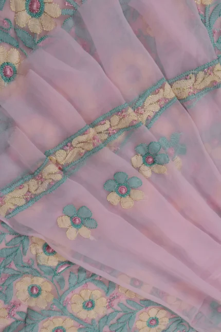 Srajann Hand Embroided Pink Faux Georgette Lucknowi Chikankari Unstitched Kurta Dupatta Set