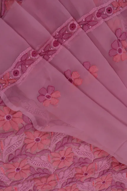 Srajann Hand Embroided Pink Faux Georgette Lucknowi Chikankari Unstitched Kurta Dupatta Set