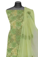 Srajann Hand Embroided Green Faux Georgette Lucknowi Chikankari Unstitched Kurta Dupatta Set (SLC1381) - Image 3