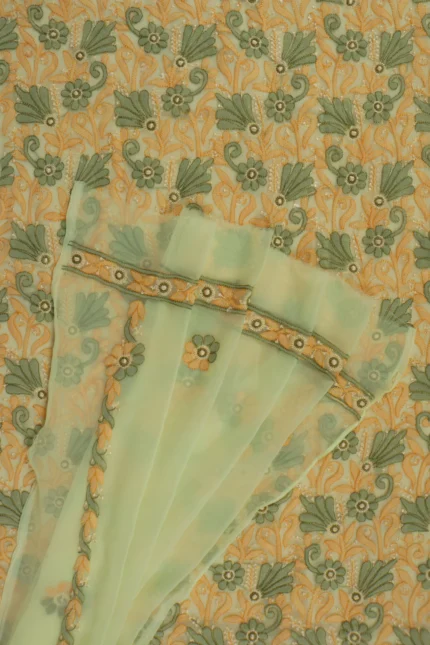 Srajann Hand Embroided Lemon Faux Georgette Lucknowi Chikankari Unstitched Kurta Dupatta Set