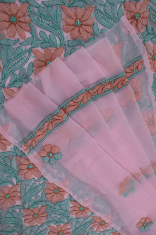 Srajann Hand Embroided Pink Faux Georgette Lucknowi Chikankari Unstitched Kurta Dupatta Set