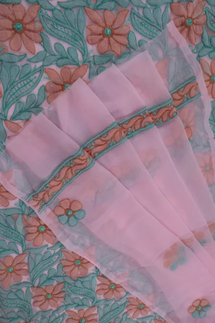 Srajann Hand Embroided Pink Faux Georgette Lucknowi Chikankari Unstitched Kurta Dupatta Set