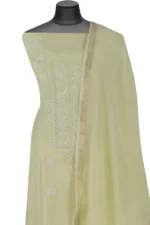 Srajann Hand Embroided Lemon Mul Chanderi Lucknowi Chikankari Unstitched Kurta Dupatta Set (SLC1602) - Image 3