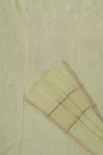 Srajann Hand Embroided Lemon Mul Chanderi Lucknowi Chikankari Unstitched Kurta Dupatta Set