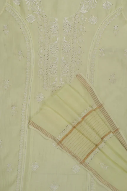 Srajann Hand Embroided Lemon Mul Chanderi Lucknowi Chikankari Unstitched Kurta Dupatta Set