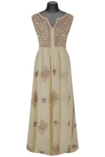 Srajann Hand Embroided Beige Mul Chanderi Lucknowi Chikankari Unstitched Kurta Dupatta Set (SLC1603) - Image 5