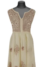 Srajann Hand Embroided Beige Mul Chanderi Lucknowi Chikankari Unstitched Kurta Dupatta Set (SLC1603) - Image 4
