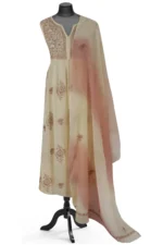 Srajann Hand Embroided Beige Mul Chanderi Lucknowi Chikankari Unstitched Kurta Dupatta Set (SLC1603) - Image 2