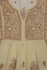 Srajann Hand Embroided Beige Mul Chanderi Lucknowi Chikankari Unstitched Kurta Dupatta Set (SLC1603) - Image 7