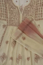 Srajann Hand Embroided Beige Mul Chanderi Lucknowi Chikankari Unstitched Kurta Dupatta Set