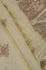 Srajann Hand Embroided Beige Mul Chanderi Lucknowi Chikankari Unstitched Kurta Dupatta Set (SLC1603) - Image 10