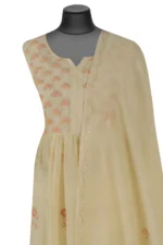 Srajann Hand Embroided Fawn Mul Chanderi Lucknowi Chikankari Unstitched Kurta Dupatta Set (SLC1605) - Image 4