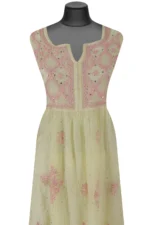 Srajann Hand Embroided Lemon Mul Chanderi Lucknowi Chikankari Unstitched Kurta Dupatta Set (SLC1607) - Image 3