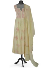 Srajann Hand Embroided Lemon Mul Chanderi Lucknowi Chikankari Unstitched Kurta Dupatta Set (SLC1607) - Image 2