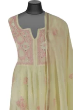 Srajann Hand Embroided Lemon Mul Chanderi Lucknowi Chikankari Unstitched Kurta Dupatta Set (SLC1607) - Image 5
