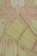 Srajann Hand Embroided Lemon Mul Chanderi Lucknowi Chikankari Unstitched Kurta Dupatta Set
