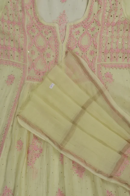 Srajann Hand Embroided Lemon Mul Chanderi Lucknowi Chikankari Unstitched Kurta Dupatta Set