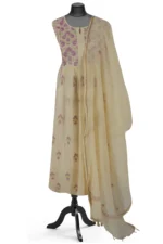 Srajann Hand Embroided Cream Mul Chanderi Lucknowi Chikankari Unstitched Kurta Dupatta Set (SLC1608) - Image 2
