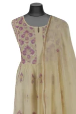 Srajann Hand Embroided Cream Mul Chanderi Lucknowi Chikankari Unstitched Kurta Dupatta Set (SLC1608) - Image 5