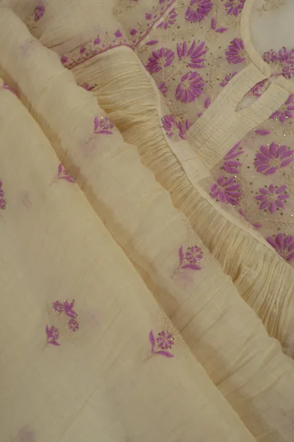 Srajann Hand Embroidered Cream Mul Chanderi Lucknowi Chikankari Unstitched Kurta Dupatta Set