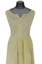 Srajann Hand Embroided Lemon Mul Chanderi Lucknowi Chikankari Unstitched Kurta Dupatta Set (SLC1609) - Image 3