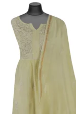 Srajann Hand Embroided Lemon Mul Chanderi Lucknowi Chikankari Unstitched Kurta Dupatta Set (SLC1609) - Image 5