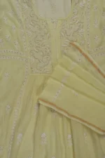 Srajann Hand Embroided Lemon Mul Chanderi Lucknowi Chikankari Unstitched Kurta Dupatta Set