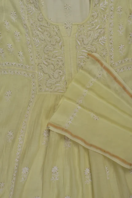 Srajann Hand Embroided Lemon Mul Chanderi Lucknowi Chikankari Unstitched Kurta Dupatta Set