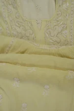 Srajann Hand Embroided Lemon Mul Chanderi Lucknowi Chikankari Unstitched Kurta Dupatta Set (SLC1609) - Image 10
