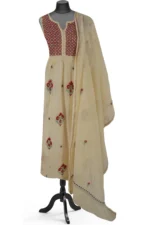 Srajann Hand Embroided Cream Mul Chanderi Lucknowi Chikankari Unstitched Kurta Dupatta Set (SLC1611) - Image 2