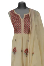 Srajann Hand Embroided Cream Mul Chanderi Lucknowi Chikankari Unstitched Kurta Dupatta Set (SLC1611) - Image 5
