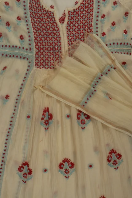 Srajann Hand Embroided Cream Mul Chanderi Lucknowi Chikankari Unstitched Kurta Dupatta Set