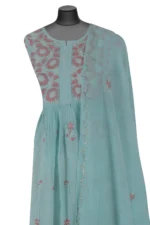 Srajann Hand Embroided Blue Mul Chanderi Lucknowi Chikankari Unstitched Kurta Dupatta Set (SLC1614) - Image 5