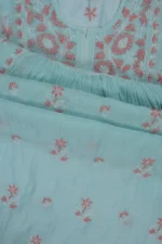 Srajann Hand Embroided Blue Mul Chanderi Lucknowi Chikankari Unstitched Kurta Dupatta Set (SLC1614) - Image 9