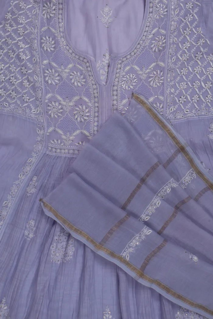 Srajann Hand Embroided Purple Mul Chanderi Lucknowi Chikankari Unstitched Kurta Dupatta Set