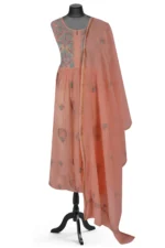 Srajann Hand Embroided Orange Mul Chanderi Lucknowi Chikankari Unstitched Kurta Dupatta Set (SLC1616) - Image 3
