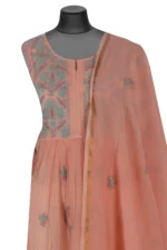 Srajann Hand Embroided Orange Mul Chanderi Lucknowi Chikankari Unstitched Kurta Dupatta Set (SLC1616) - Image 5