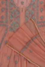 Srajann Hand Embroided Orange Mul Chanderi Lucknowi Chikankari Unstitched Kurta Dupatta Set