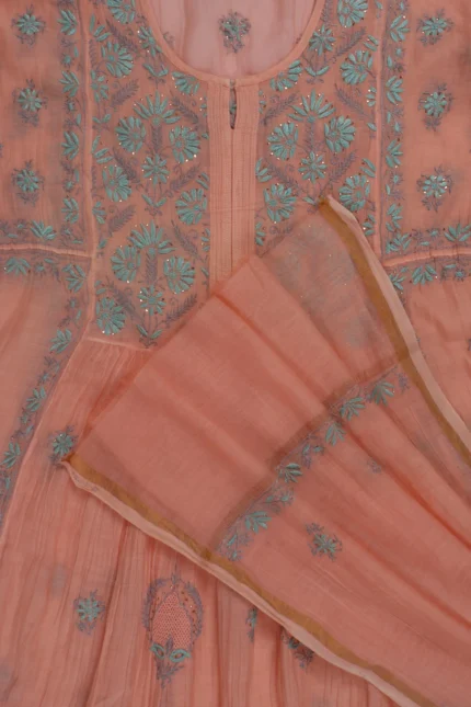 Srajann Hand Embroided Orange Mul Chanderi Lucknowi Chikankari Unstitched Kurta Dupatta Set