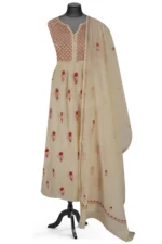 Srajann Hand Embroided Fawn Mul Chanderi Lucknowi Chikankari Unstitched Kurta Dupatta Set (SLC1619) - Image 2
